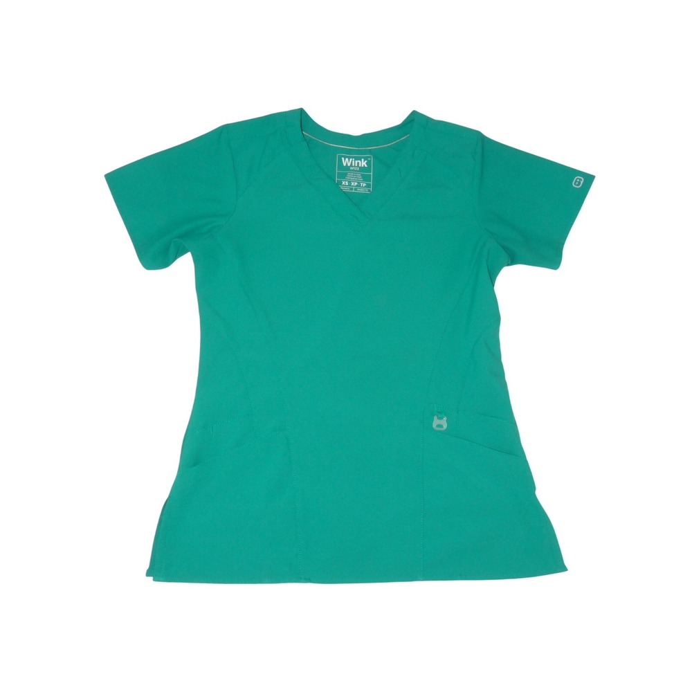 Wink W123 Women Scrub Top XS‎ Teal Green V-Neck Modern Fit Short Sleeve 3398